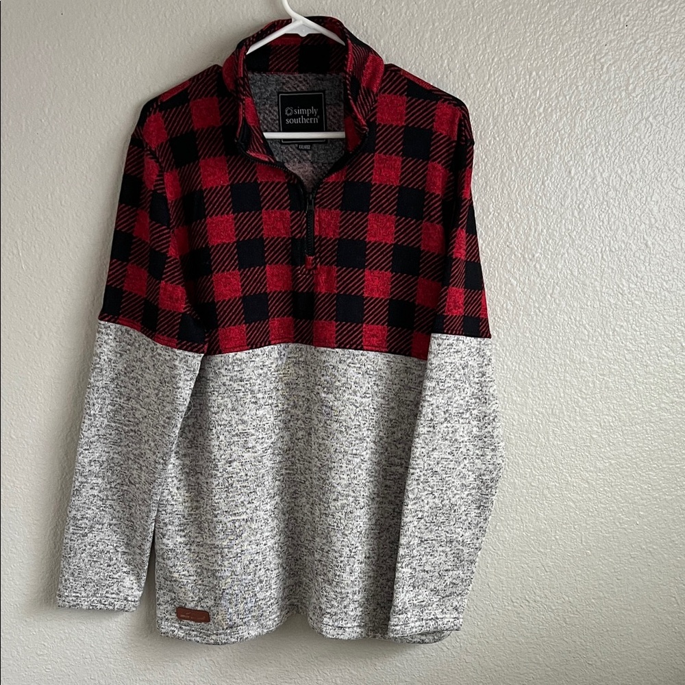 Simply Southern Men's Red, Black & Gray Checkered Zip-Up Sweater XXL